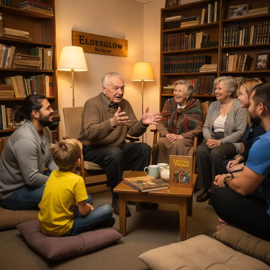 Šiltas ir jaukus interjeras, skirtas vyresnio amžiaus žmonių patogumui.
