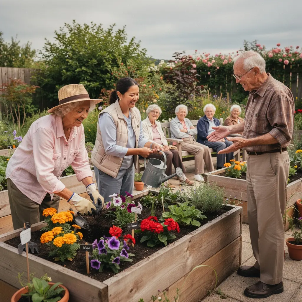 Draugiški darbuotojai, teikiantys pagalbą ir palaikymą vyresnio amžiaus žmonėms.
